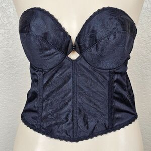 Vtg Sophistique By Smoothie Black Bustier Long Line Bra Boning Floral Lace 36B